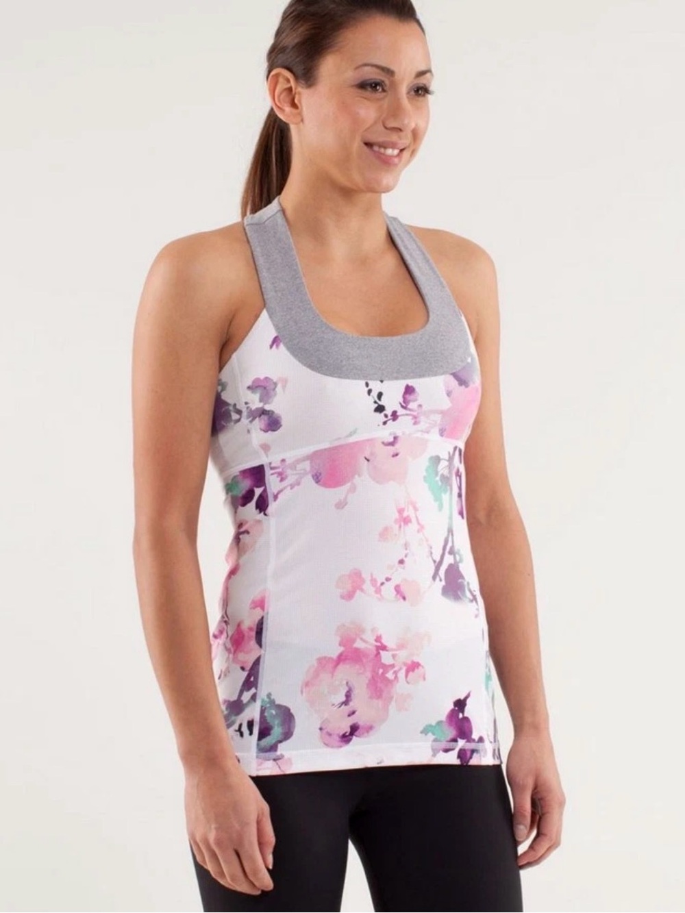 Lululemon Scoop Neck Tank - Blurred Blossoms White / Heathered Fossil Size: 8